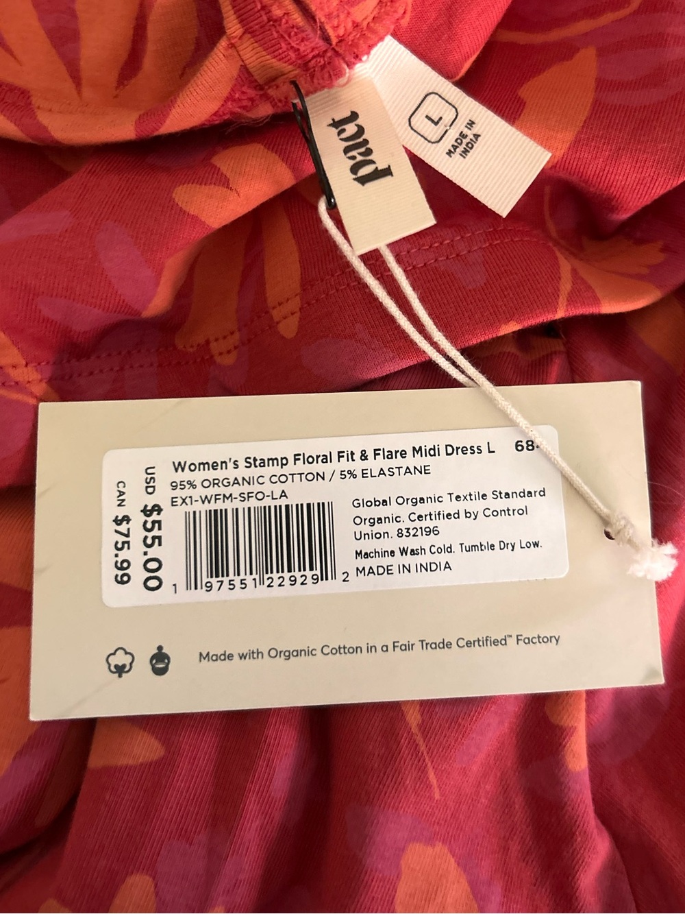 NWT Pact Stamp Floral Fit & Flare Midi Dress in Red Orange Sz L - Picture 7 of 7